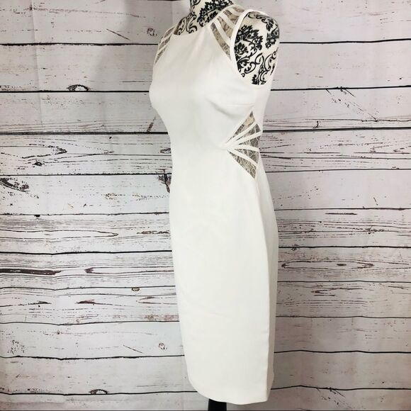 Halston Heritage Lace Trim Cutouts Inset Sleeveless Sheath Dress White 0 - Picture 4 of 9